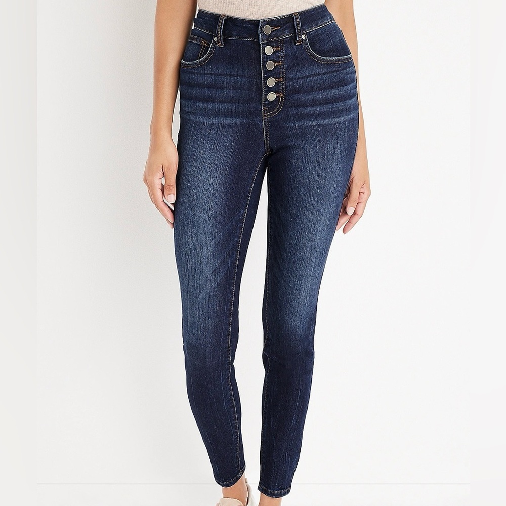 Maurices Everflex Super Skinny High Rise Jeans Dark Wash Button Fly 12 Women’s